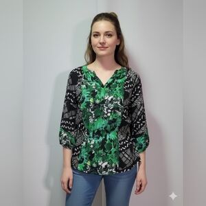 Style & Co Women's Green/Black V-Neck Long Sleeve Blouse Size Petite Petite 🐈